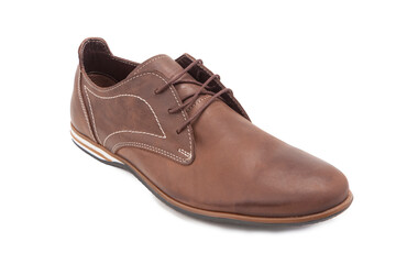 Footwear Ideas. One Stylish Classic Male Brown Leather Laced Derby Regular Shoe Placed Over Pure White.
