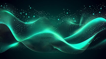 An abstract illustration depicting a flowing, luminous wave pattern composed of small dots, glowing in shades of turquoise and green against a dark background