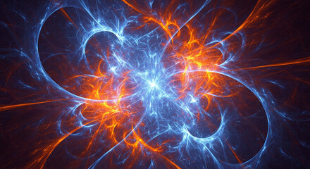 Abstract fractal glowing energy pattern in blue and orange colors, futuristic digital artwork.