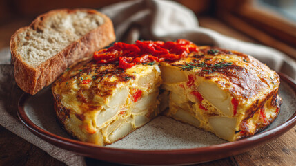 Spanish tortilla sliced to reveal layers of egg and potato, served with rustic bread and peppers in a warm, textured setting.