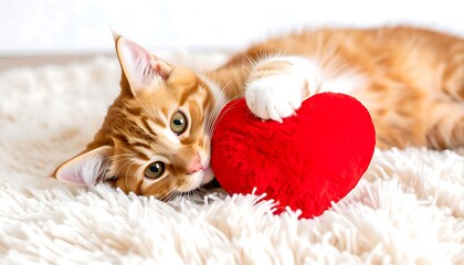 Ginger kitten holding a heart-shaped toy.