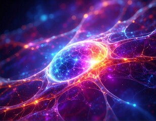 A glowing central neuron or cell connected by a vibrant, abstract web of synapses and light.