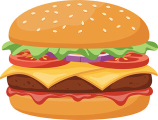 Juicy gourmet hamburger loaded with fresh toppings and melted cheese, perfect for food advertising