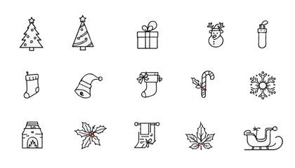Naklejka premium Vector Christmas icons set |Includes Christmas tree, snowman, gift box, Santa hat, reindeer, bell, stocking, candy cane, fireplace, snowflake, holly, and sleigh