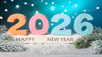 Colorful 2026 New Year Decoration with Lights and Pine Branches