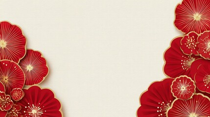 A minimalist Chinese New Year background featuring an elegant red and gold paper-cut style design with delicate traditional patterns and clean white space for text.