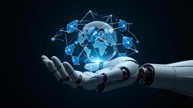 Futuristic robot hand holding a glowing world globe, showcasing AI global connection - Powered by Adobe