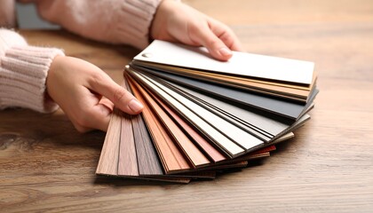 Woman's Hands Selecting Wood Grain Samples for Interior Design