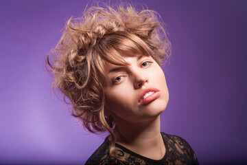 Sensual Winsome Caucasian Blond Woman with Curly Stylish Hair and Plumpy Lips As Hairdresser Makeup...