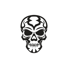 Black Tribal Skull Graphic With Intricate Designs on White Background 