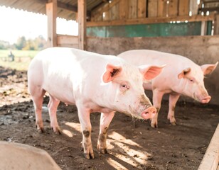 Two pink pigs in a barn