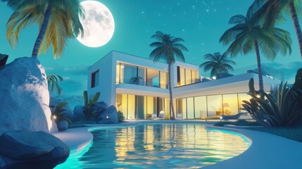 Fototapeta premium Modern Villa by the Pool Under Full Moon with Tropical Environment