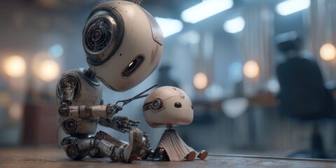 Robot barber giving a haircut to a small robot friend in a futuristic salon