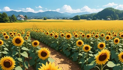 Obraz premium A vast sunflower field under a bright blue sky with mountains and a house in the background view