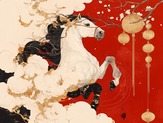 Chinese New Year illustration with horse on red background