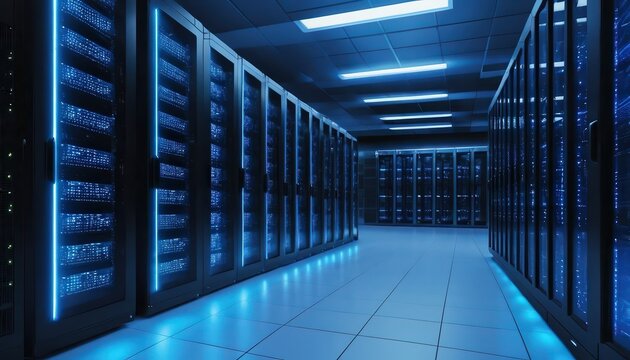 A server room filled with rows of server racks illuminated with blue lighting on the equipment