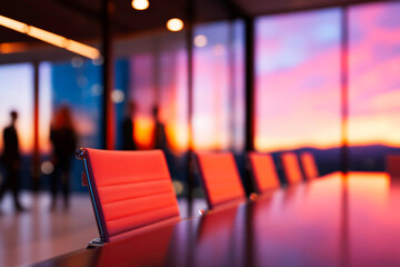 Ethereal figures engaged in abstract business meeting in luminous modern conference room conceptual corporate teamwork