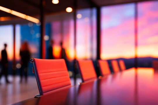 Ethereal figures engaged in abstract business meeting in luminous modern conference room conceptual corporate teamwork