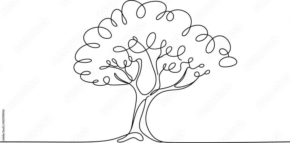 Poster abstract continuous line drawing of a stylized tree with curly branches and leaves