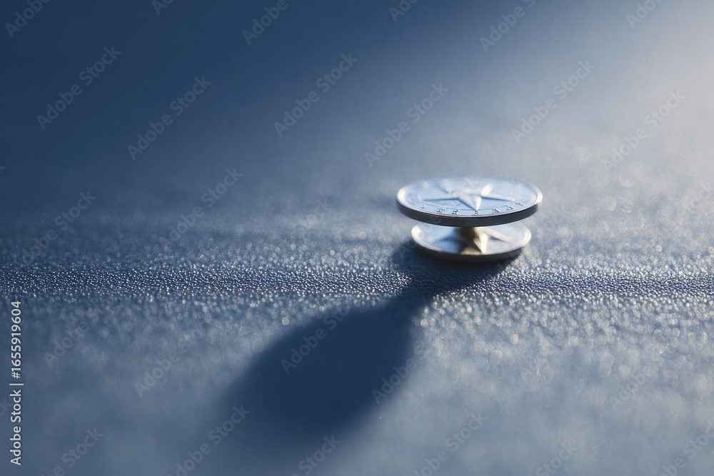 Poster shiny coin resting on textured surface casts an intriguing shado