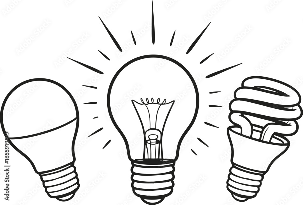 Poster three different types of light bulbs in a sketch style