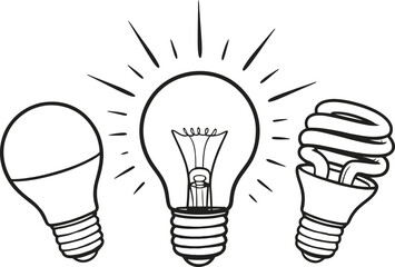 Three different types of light bulbs in a sketch style