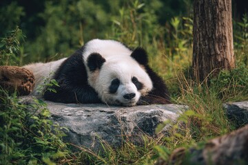 Fototapeta premium Giant Panda Resting on Rock in Lush Forest Setting