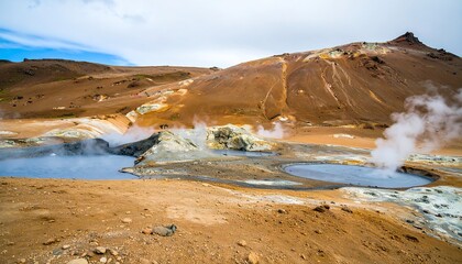 A vista of a geothermal area, showcasing vibrant colors and steaming pools amidst a rugged landscape.