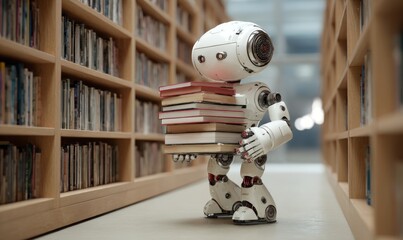 Robot carrying books in library ai learning and education concept illustration