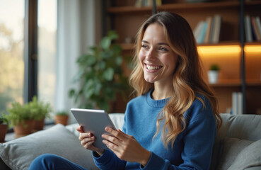 Smiling woman holding tablet in home office. Pro communication, friendly virtual interview interaction. Relaxed, modern workspace with warm lighting, plants, bookshelf. Career, recruitment,
