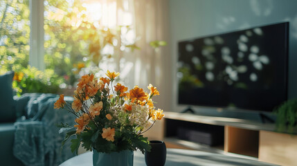 Front view of a living room during midday. The space is softly lit with natural daylight streaming in, creating a bright yet studio-like lighting effect. 