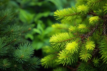 Picea mariana and larix laricina under bright sunlight, capturing vibrant greenery and enchanting scenery for nature lovers and plant enthusiasts