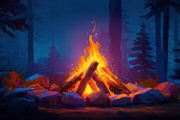 Cozy campfire glowing with vibrant flames and logs, perfect for outdoor adventures and warm lifestyle themes in whimsical cartoon style