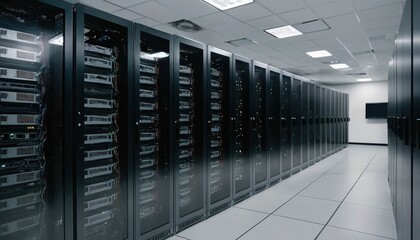 A long row of black server racks in a data center with bright lights and tiled flooring inside