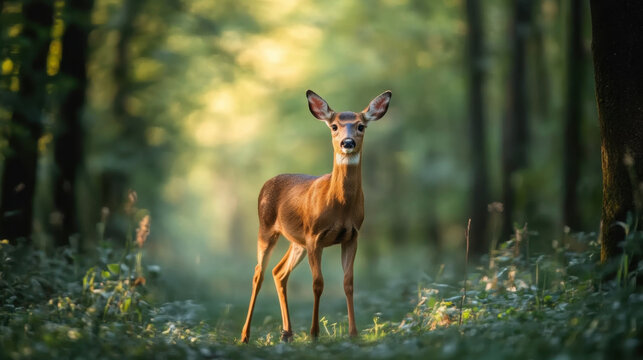 Deer walking in forest with tall trees