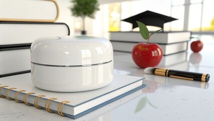 Classroom study, white product, books, apple 3d image for mockup