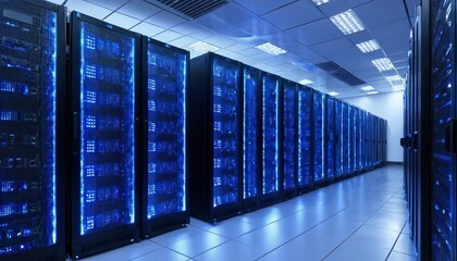 A view of a server room with multiple server racks illuminated with blue lights and a tiled floor
