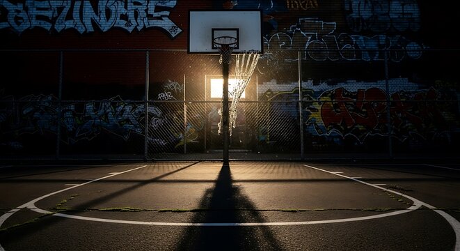 Fototapeta Urban Basketball Court at Dusk: Graffiti Backdrop Photo
