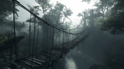 Obraz premium A rustic suspension bridge in a dense, misty jungle, with lush vegetation and a mysterious atmosphere.