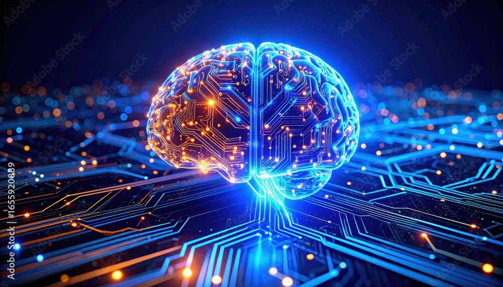 Poster a futuristic digital brain illuminated with circuits, symbolizing advanced technology and artificial