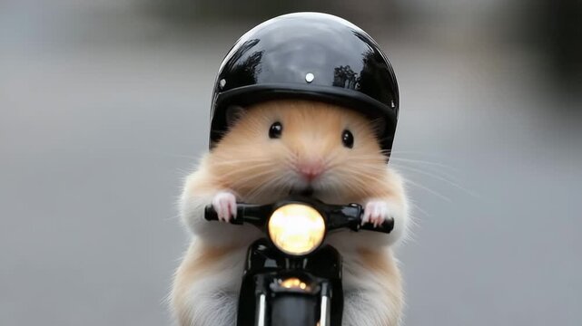 Cute hamster rides motorcycle wearing helmet on a sunny day