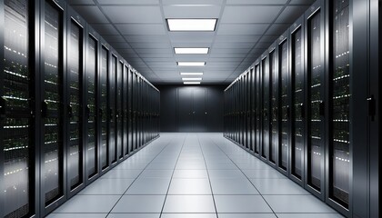 A long server room hallway with rows of computer racks and bright ceiling lights overhead in a data center