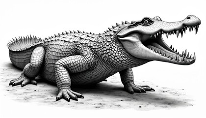 Fototapeta premium Detailed greyscale illustration of menacing alligator with mouth agape, revealing sharp teeth, textured scales. Reptile displays aggressive posture, captured in close-up, dynamic composition against