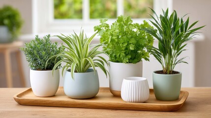 Fototapeta premium Stylish Indoor Plants in Modern Pots on a Wooden Tray with Natural Light in a Cozy Living Space