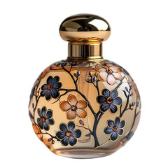 Antique art nouveau perfume bottle with ornate floral decoration and a golden cap isolated on transparent background