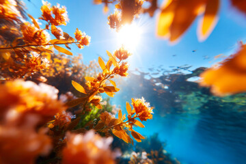Sunlit underwater kelp forest swaying in clear coastal waters marine ecosystem beauty