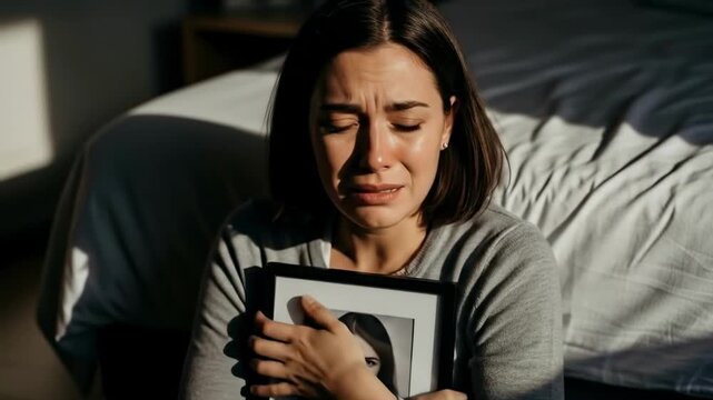 European woman crying while holding framed photograph sitting on bed in emotional grief and loss moment