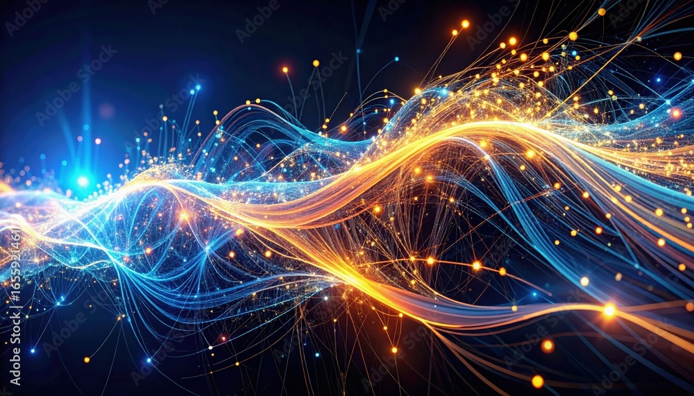 Poster a vibrant display of swirling light and color, resembling flowing energy waves against a dark backgr