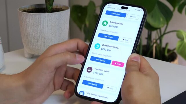 Hands browse a real estate app, focusing on a beach house listing scrolling through descriptions, and amenities. Ideal for property search or relocation content.