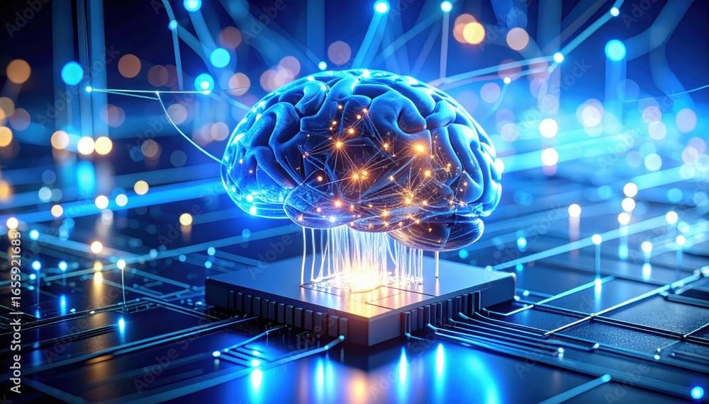 Poster a futuristic digital brain sits atop a circuit board, interconnected with glowing lines and nodes, s